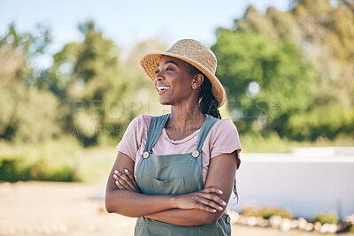 Buy stock photo Thinking, black woman and farmer with arms crossed, happy and sustainability outdoor. Idea, agriculture and confident person smile in nature, agro and eco friendly vision in summer garden countryside