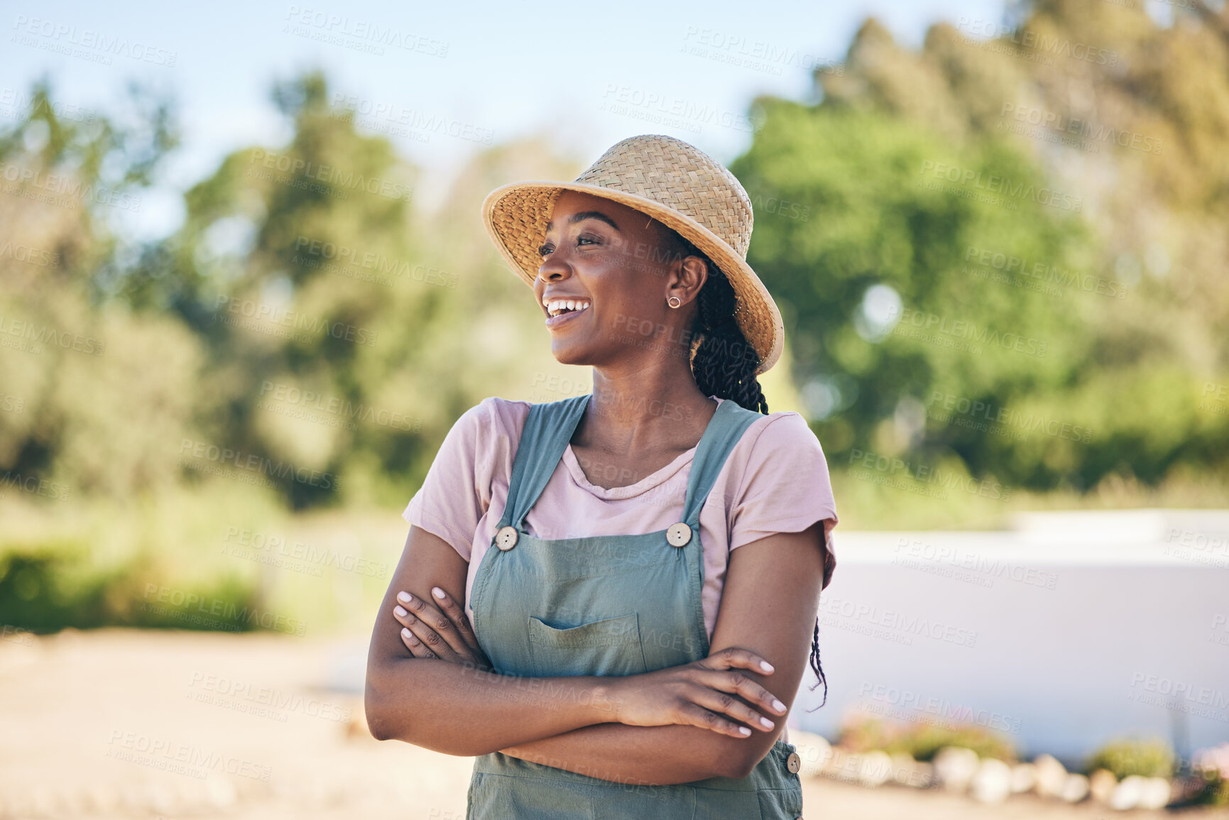 Buy stock photo Thinking, black woman and farmer with arms crossed, happy and sustainability outdoor. Idea, agriculture and confident person smile in nature, agro and eco friendly vision in summer garden countryside