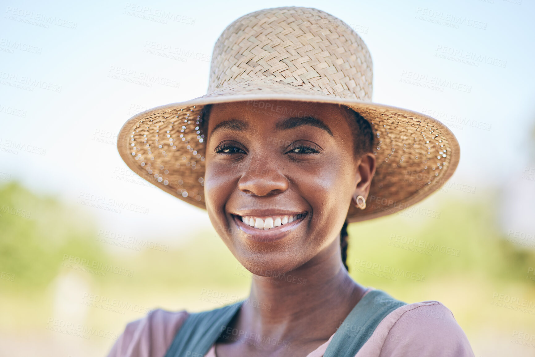 Buy stock photo Smile, countryside and portrait of black woman on farm with sustainable business, nature and sunshine. Agriculture, gardening and happy face of female farmer in Africa, green plants and agro farming.