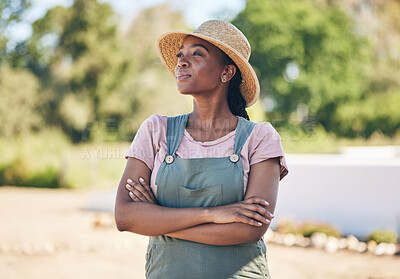 Buy stock photo Black woman, thinking and farmer with arms crossed in nature for sustainability outdoor. Idea, agriculture and confident person on land for agro, eco friendly vision and summer garden countryside