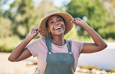 Buy stock photo Smile, portrait and black woman on farm in nature, sustainable business and sunshine. Agriculture, gardening and happiness, face of female farmer in Africa with green plants and outdoor agro farming.