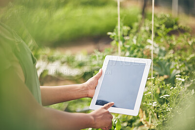 Buy stock photo Hands on tablet, screen and woman on farm, research internet website and information on plants. Nature, technology and farmer with digital app for sustainability, agriculture and analysis in garden.