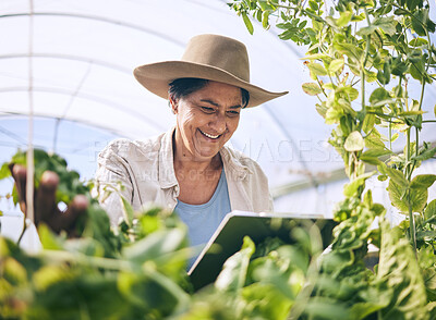 Buy stock photo Farmer, woman and tablet in greenhouse for agriculture, farming and sustainability with or e commerce management. Happy worker on digital technology for gardening, food production and inspection
