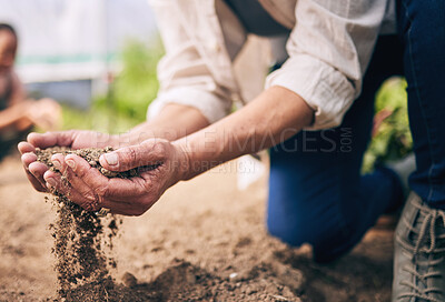 Buy stock photo Farming, hands and outdoor with soil, dust and dirt for growth, inspection and drought at agro job. Person, sand and compost for agriculture, climate change and sustainability in closeup on ground