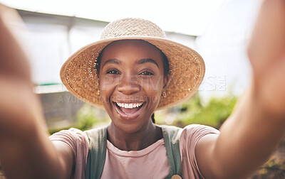 Buy stock photo Farming, smile and selfie of black woman in greenhouse, sustainable small business and agriculture. Portrait of happy farmer at vegetable farm, agro career growth in summer and plants in Africa. 