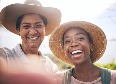 Buy stock photo Farming, smile and selfie of women in greenhouse, sustainable small business and agriculture. Portrait of happy friends at vegetable farm, diversity and growth in summer with agro entrepreneurship.