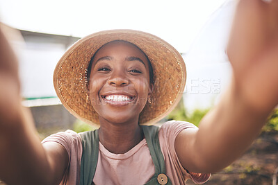 Buy stock photo Happy farming, greenhouse and selfie of black woman with sustainable small business in agriculture. Portrait of farmer with smile at vegetable farm, agro career growth in summer and plants in Africa.