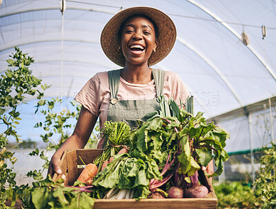 Buy stock photo Smile, greenhouse and portrait of black woman on farm with sustainable business, nature and plants. Agriculture, gardening and happy female farmer in Africa, green vegetables and agro farming food.