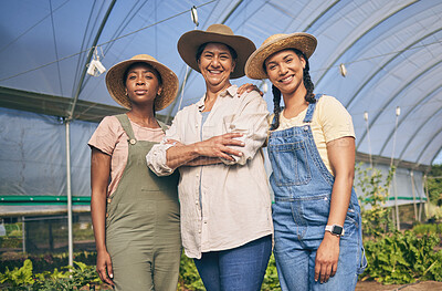 Buy stock photo Women, farming and group portrait in greenhouse, countryside and friends with leadership, agriculture and summer. Female teamwork, happy and support in nursery, growth and agro development for plants