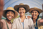 Greenhouse, smile and selfie of group of women in farming, sustainable small business and agriculture. Portrait of happy friends at vegetable farm, diversity and growth in summer with agro farmer.