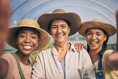 Buy stock photo Greenhouse, smile and selfie of group of women in farming, sustainable small business and agriculture. Portrait of happy friends at vegetable farm, diversity and growth in summer with agro farmer.