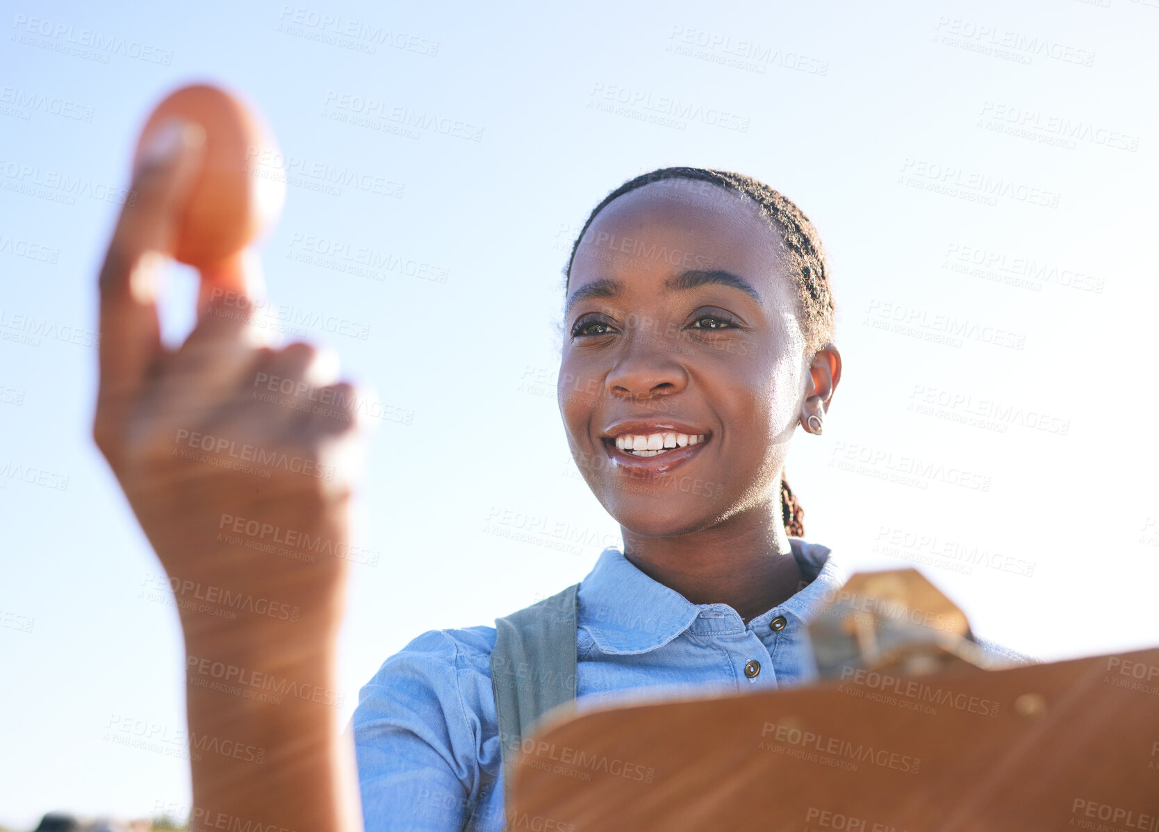 Buy stock photo Woman, quality and egg in hand on farm with clipboard outside for sustainable small business in Africa. Poultry farming inspection, checklist and happy black farmer in countryside with sky and smile.