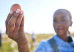 Hand, black woman and egg at farm for inspection, supply chain or quality control in countryside. Poultry farming, free range and farmer with chicken eggs check for organic, trading or agriculture