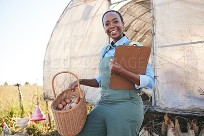 Buy stock photo Farm, portrait and black woman with clipboard and eggs at a farm for sustainability, agriculture and supply chain in countryside. Face, smile and farmer with checklist or poultry produce management