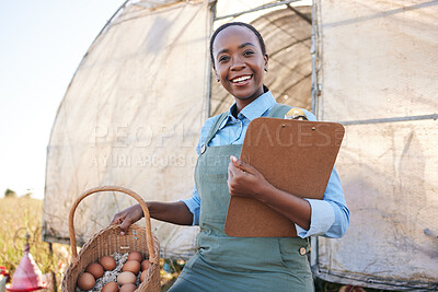 Buy stock photo Portrait, farm and black woman with clipboard and chicken eggs for sustainability, agriculture and supply chain in countryside. Face, smile and farmer with checklist or poultry, produce or management