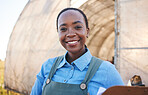 Black woman, portrait and farming with clipboard for sustainability, management or quality control in countryside. Face, smile and farmer with checklist for distribution stock at poultry supply chain