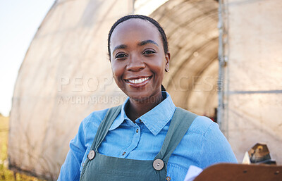 Buy stock photo Black woman, portrait and farming with clipboard for sustainability, management or quality control in countryside. Face, smile and farmer with checklist for distribution stock at poultry supply chain