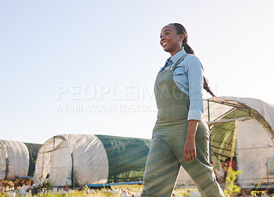 Buy stock photo Chicken farm, black woman and agriculture on a eco friendly and sustainable with mockup space. Countryside, field and agro farmer with a smile from farming, animal care work and working in nature