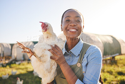 Buy stock photo African farmer woman, chicken and portrait outdoor in field, healthy animal or sustainable care for livestock at agro job. Poultry entrepreneur, smile and bird in nature, countryside or agriculture