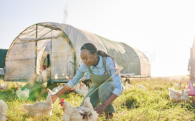 Buy stock photo Chicken coop, black woman and agriculture on a eco friendly and sustainable with farm management. Countryside, field and agro farmer with a smile from farming, animal care work and working in nature