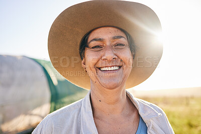 Buy stock photo Portrait, smile and senior woman with agriculture, farm and countryside with peace, ecology and harvest. Face, mature person and farmer with happiness, summer and sustainable nature and environment