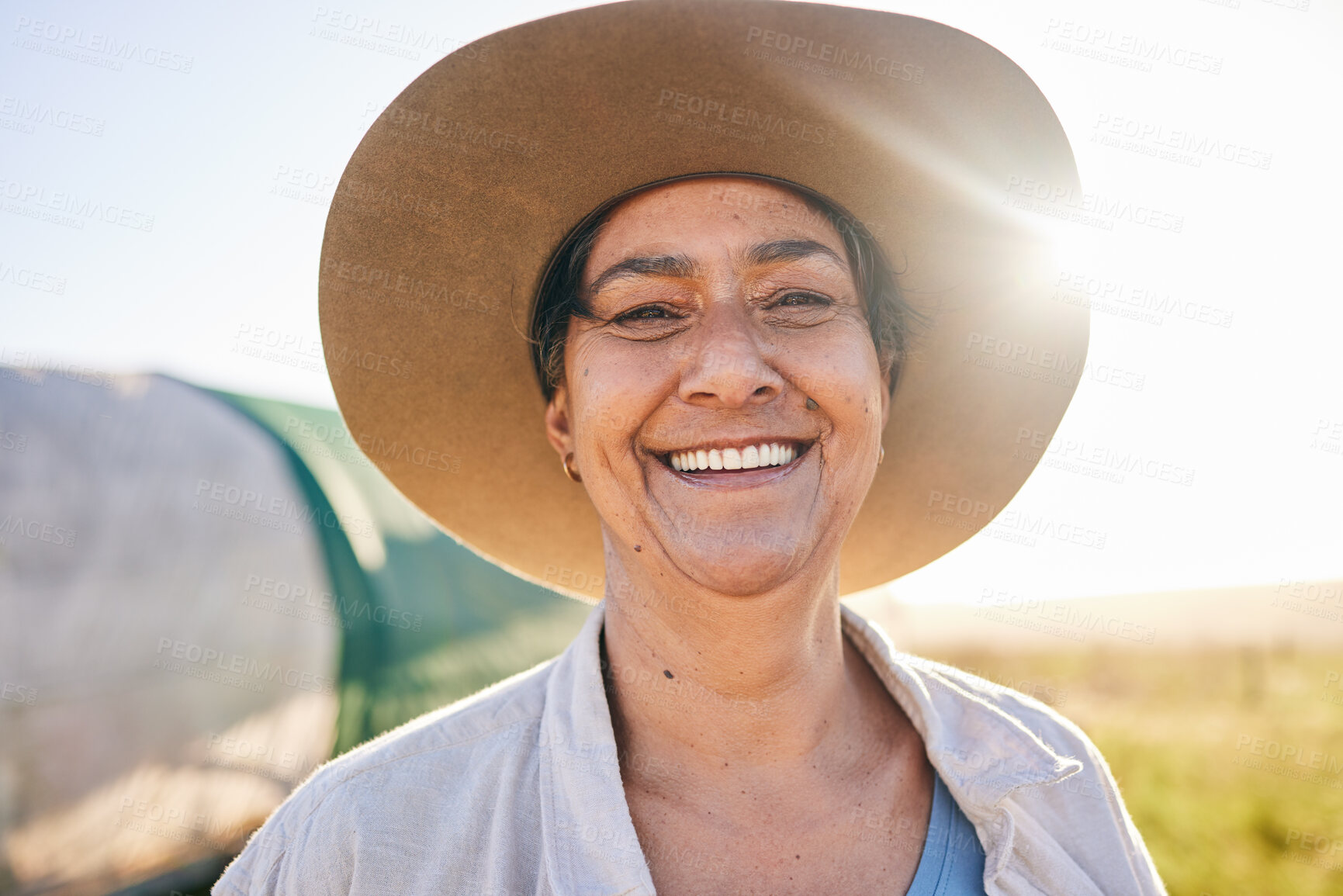 Buy stock photo Portrait, smile and senior woman with agriculture, farm and countryside with peace, ecology and harvest. Face, mature person and farmer with happiness, summer and sustainable nature and environment