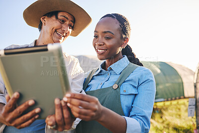Buy stock photo Farm, agriculture team and women on tablet in field or nature for internet, research and growth analysis. Countryside, sustainable farming and farmers on digital tech for production data outdoors