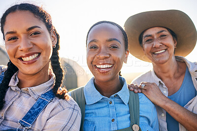 Buy stock photo Women, agriculture and group portrait with smile, countryside and friends with smile, harvest and farming in summer. Female teamwork, agro job and support in sunset, field and outdoor in environment