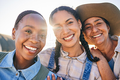 Buy stock photo Women, farming and group portrait with smile, countryside and friends with agro collaboration, motivation and summer. Female teamwork, job and support in sunshine, field and outdoor in agriculture