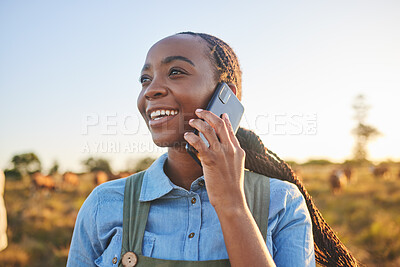 Buy stock photo Phone call, countryside and black woman with connection, agriculture and communication with a smile. Person outdoor, girl or farmer with a cellphone, conversation and ecology with nature and contact