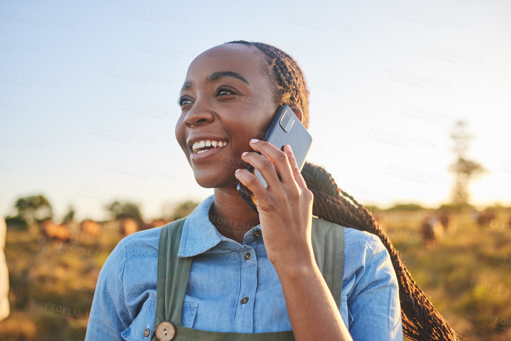 Buy stock photo Phone call, countryside and black woman with connection, agriculture and communication with a smile. Person outdoor, girl or farmer with a cellphone, conversation and ecology with nature and contact