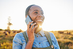 Phone call, countryside and black woman with a smile, agriculture and communication with network. Person outdoor, girl or farmer with a smartphone, conversation and connection with nature and contact