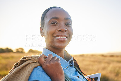 Buy stock photo Agriculture, sunset and portrait of black woman on farm for environment, sustainability and plant. Garden, grass and nature with person in countryside field for ecology, production and soil health