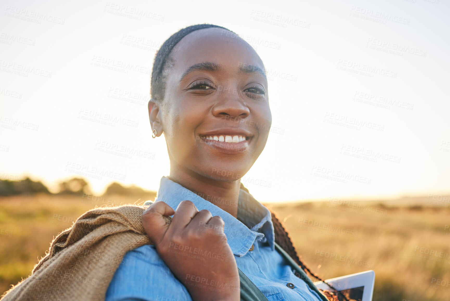 Buy stock photo Agriculture, sunset and portrait of black woman on farm for environment, sustainability and plant. Garden, grass and nature with person in countryside field for ecology, production and soil health