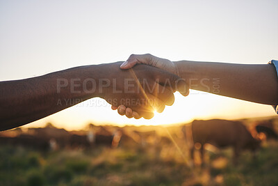 Buy stock photo Welcome, handshake and people with b2b farm deal for agriculture, partnership or small business support. Thank you, shaking hands and farming collaboration for supply chain, trust and agro startup