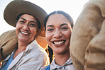Farm harvest, women portrait and countryside with a smile from working on a grass field with grain bag. Sustainability, eco friendly and agriculture outdoor in nature with farmer management mission