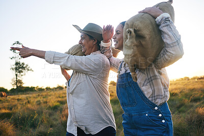 Buy stock photo Farm harvest, women point and countryside with a smile from working on a grass field with grain bag. Sustainability, eco friendly and agriculture outdoor at sunset in nature with farmer growth view