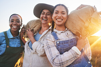 Buy stock photo Smile, farming and portrait of women with harvest bags, food and happy with sustainability. Laughing, morning and farm employees working in a field together for countryside labor or agriculture