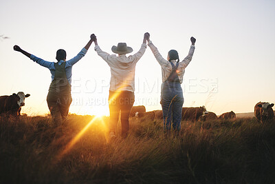 Buy stock photo Farm, success and women back with celebration, happy and excited for cattle industry growth or development. Friends, farmer and rear view of farming team celebrating agriculture, victory or milestone