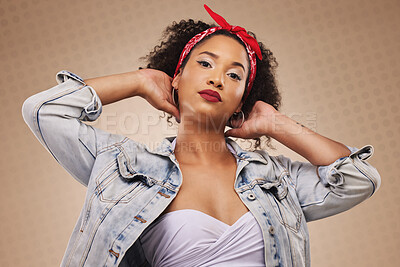 Buy stock photo Fashion, punk and portrait of woman with hipster style isolated in a studio brown background feeling confident. Proud, cool and young creative person with funky clothing and beauty as a designer