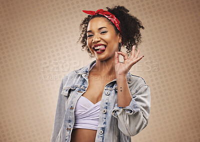 Buy stock photo Woman, ok sign and studio portrait with smile, tongue and funny face for good review by brown background. African girl, student or fashion model with hand for icon, vote or feedback with comic laugh