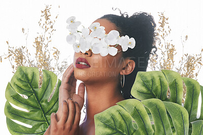 Buy stock photo Beauty, aesthetic and face of woman with flowers for wellness, natural cosmetics and skincare in studio. Orchid, leaf and female person florals for makeup, glamour and facial on white background