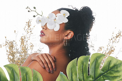 Buy stock photo Beauty, salon and woman with flowers for wellness, natural cosmetics and skincare aesthetic in studio. Orchid floral, dermatology and female person for makeup, glamour and facial on white background