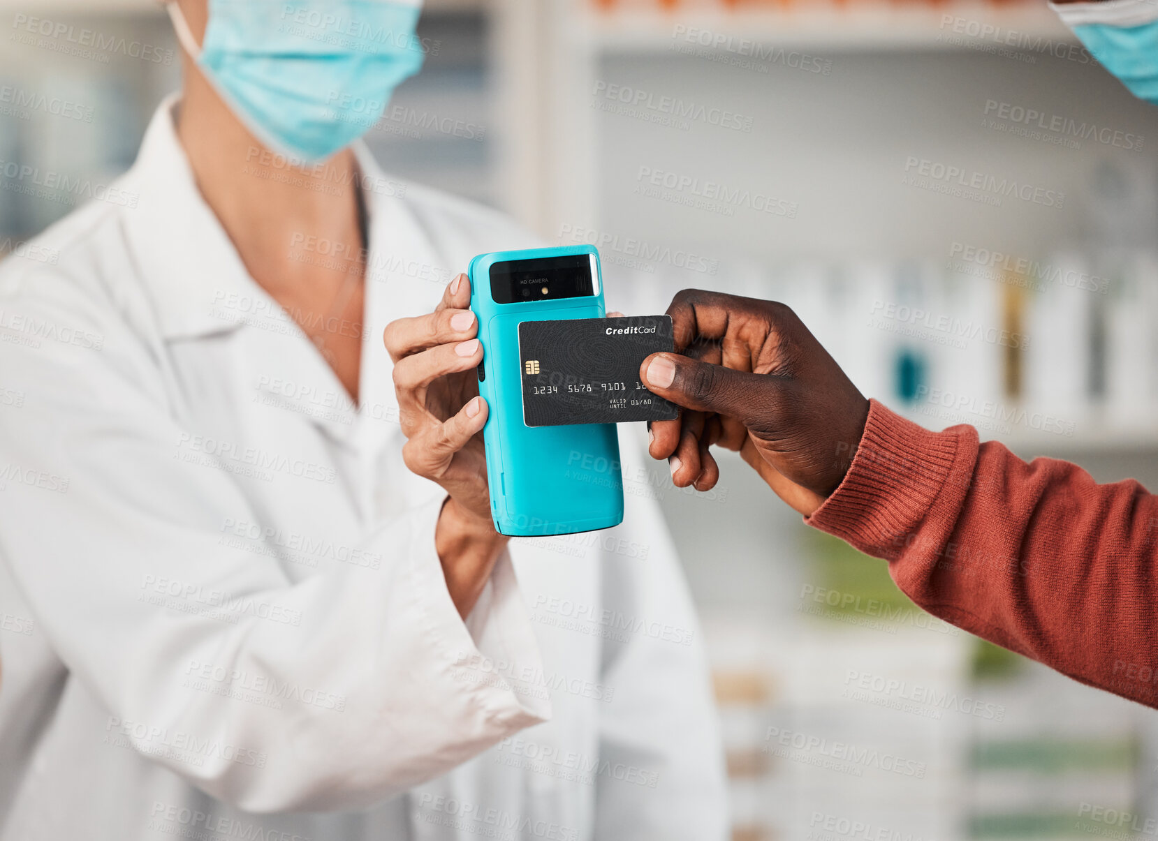 Buy stock photo Pharmacy, hands and credit card with pos, customer and face mask for safety with commerce for healthcare. Payment tap, machine and banking in store for medical product, budget or sales for wellness