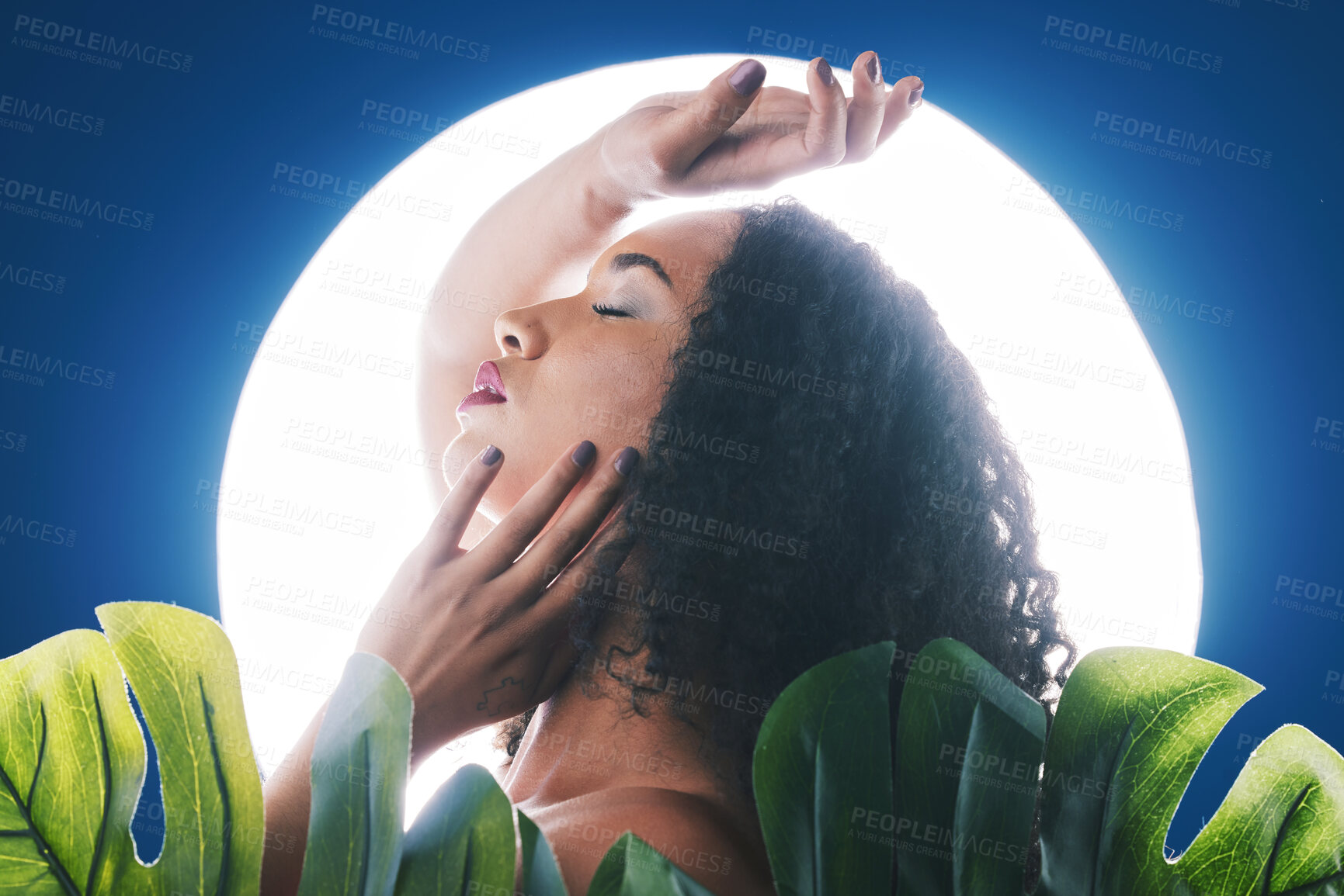 Buy stock photo Skincare, neon and face of woman with leaf for wellness, natural cosmetics and beauty in studio. Circle light, salon aesthetic and profile of person for makeup, glamour and facial on blue background