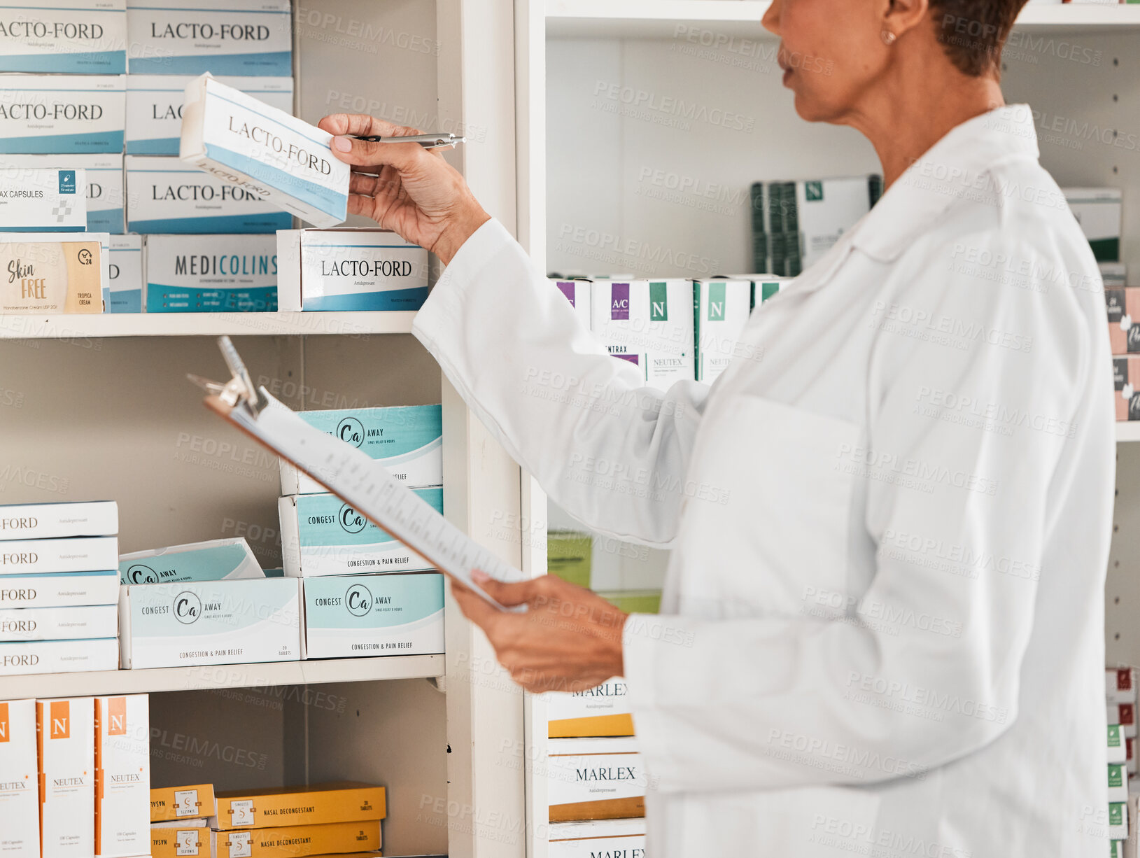 Buy stock photo Woman, pharmacist and inventory inspection on pills, tablets or medication on shelf at the pharmacy. Female person, medical or healthcare worker checking stock or pharmaceutical products at drugstore