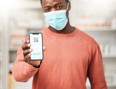 Buy stock photo Man, covid results and phone screen in pharmacy, portrait and sad with positive test, face mask and app. African patient, upset and smartphone for compliance, registration and stop virus with barcode