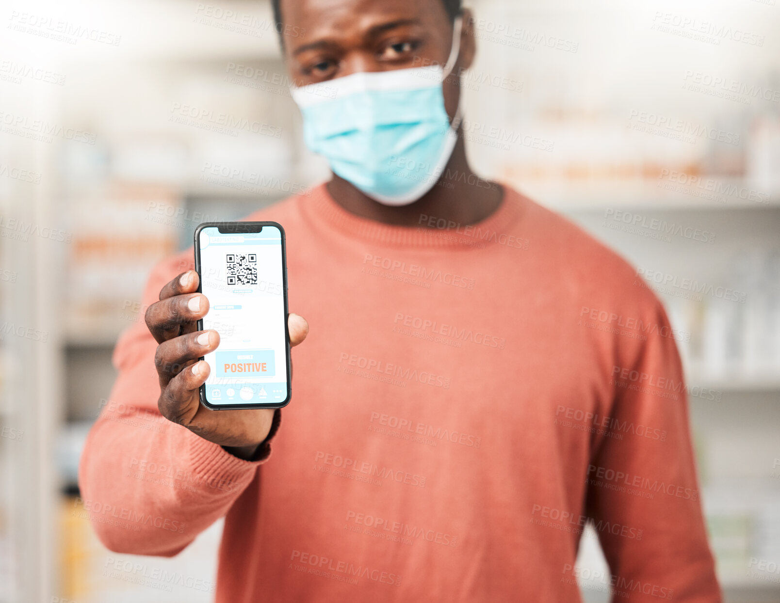 Buy stock photo Man, covid results and phone screen in pharmacy, portrait and sad with positive test, face mask and app. African patient, upset and smartphone for compliance, registration and stop virus with barcode