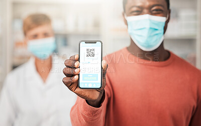 Buy stock photo Man, covid test results and phone screen in pharmacy, portrait and happy for health, face mask and app. African patient, doctor and smartphone for compliance, registration and stop virus with barcode