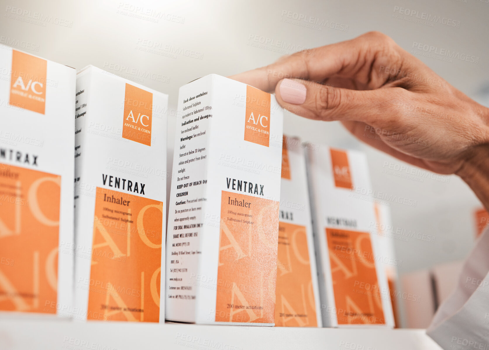 Buy stock photo Person, pharmacist and hands with box for inventory inspection or checking stock on shelf at pharmacy. Closeup of medical or healthcare worker with pills, medication or pharmaceutical at drugstore